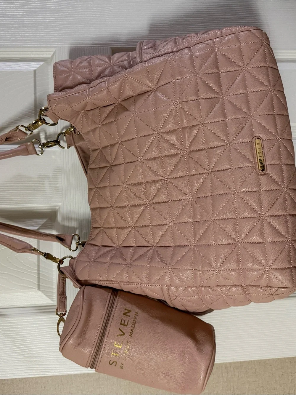 Steve Madden Quilted Tote and Accessory Pouch in Dusty Rose